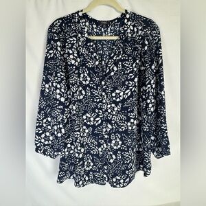 NYDJ Navy and White Patterned Georgette Blouse - XL
